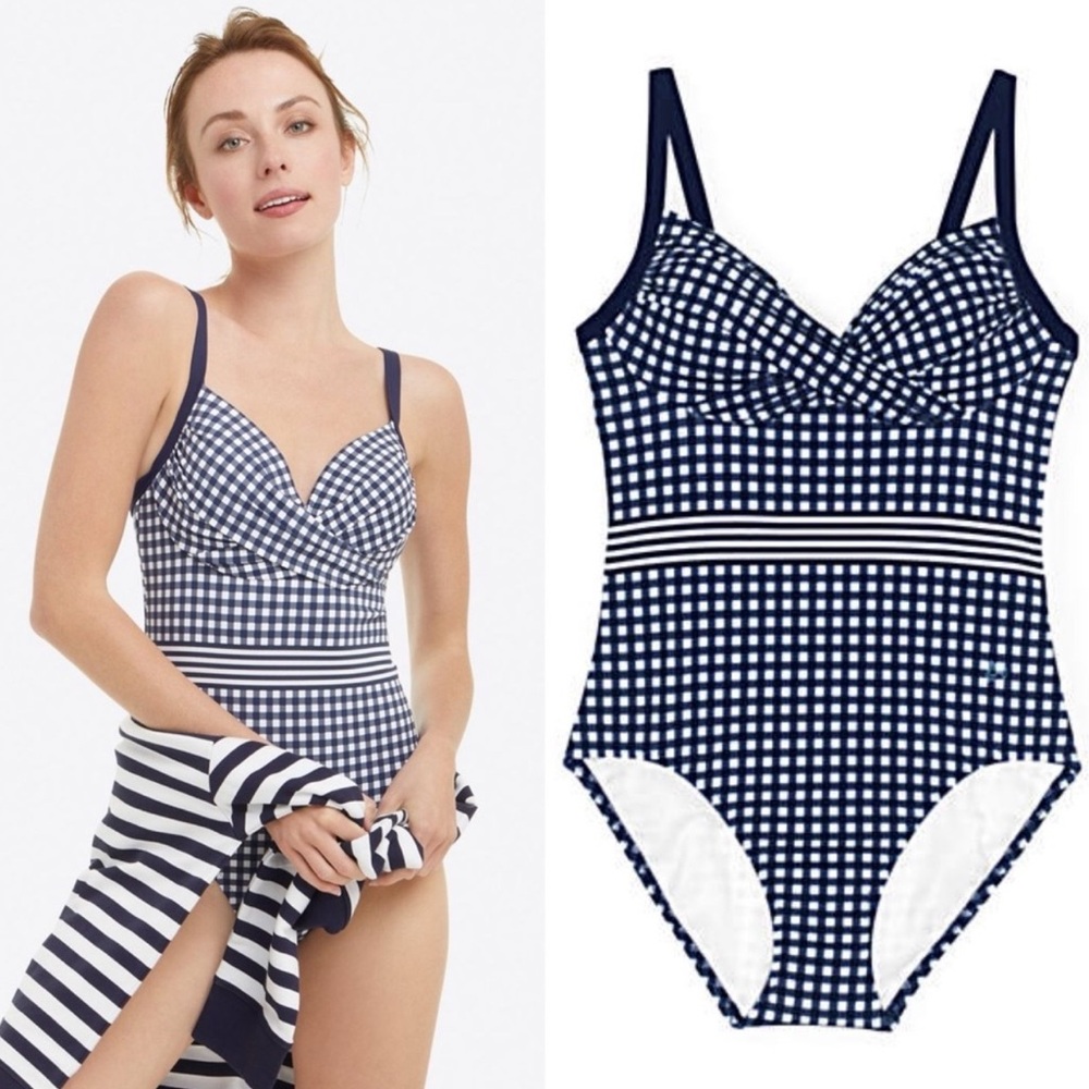 Lands End DraperJames Navy Gingham One-Piece Swimsuit 8